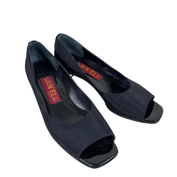 VAN ELi East Black Satin Block Heel Open Toe Slip On Pumps Leather Sole Size 7 - Picture 1 of 7